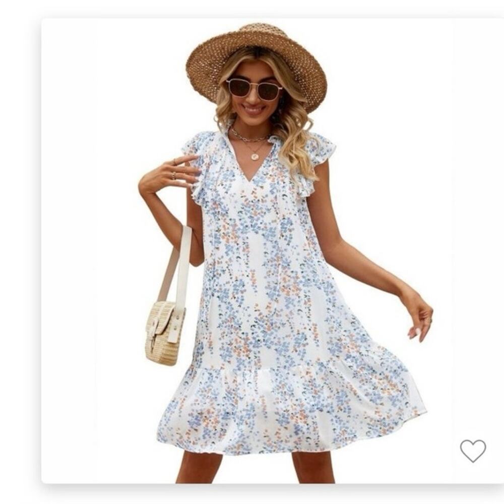 NWT- White and Blue Floral Mini Dress, Flutter Sleeve, Ruffle Hem, V Neck-Small
